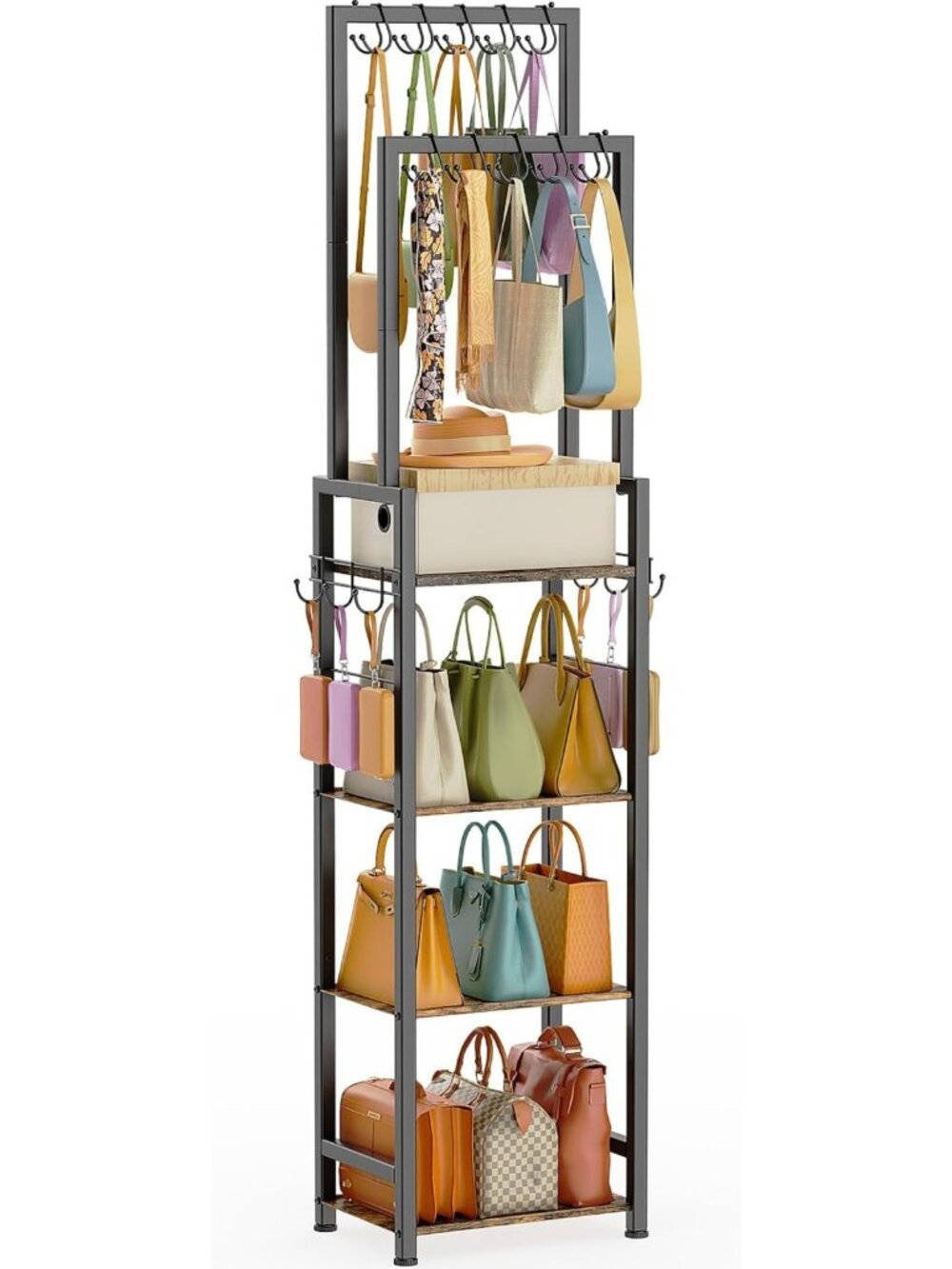 4-Tier Tall Purse Organizer Rack - Double Rods for Closet Storage, Black